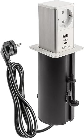 GTV - Möbelsteckdose TOWER, Ausziehbare Einbausteckdose, 1x Schuko Steckdose, 1x USB A, 1x USB C, Kabellänge 1,5m, Farbe Weiß, für Schreibtische, Tischplatte, Küchen und Büro