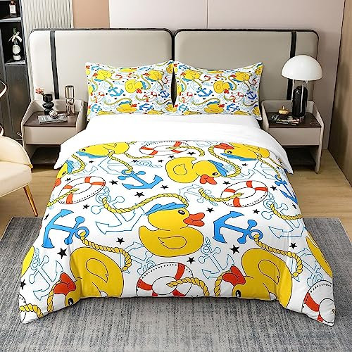 Gummi Ente 100% Baumwolle Bettbezug 135x200,Nautische Anker Tröster Abdeckung für Kinder Jungen,Schöne Gelbe Ente Bettwäsche Set,Sommer Nette Ente Quilt Cover mit Rettungsring,Bauernhaus Tier Bett Set