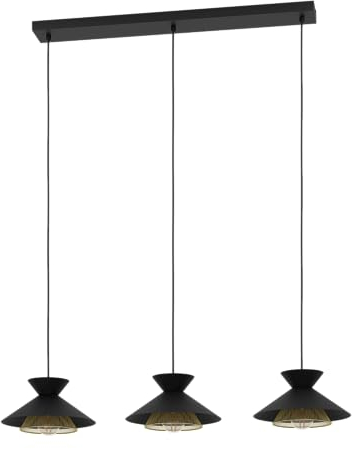 EGLO Hängelampe Grizedale, 3-flammige Pendelleuchte über Esstisch, Esszimmerlampe im Japandi-Design aus Metall in Schwarz und Messing, Hängeleuchte mit E27 Fassung, 96 cm