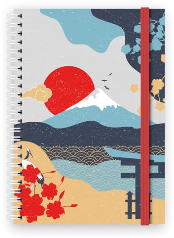 A5-Notizbuch, Spiralbindung, japanisches Einband, 128 linierte Seiten, doppelte Taschenseite und elastische Seitenteiler (Berg)