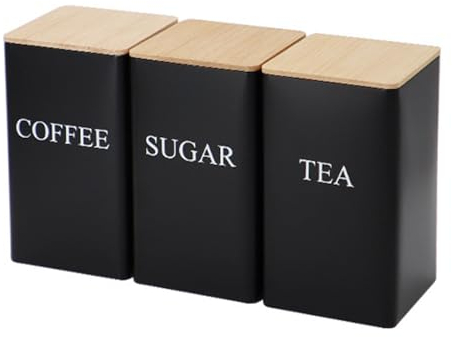 NAVACALA Tea Coffee Sugar Canisters, 1000ML 3 Piece of Metal Canister Storage Jar Container Set With Bamboo Lid, Black