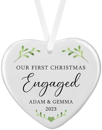 Personalised Sentimental Keepsake First Christmas Engaged Ceramic Heart Hanging Tree Bauble Decoration Gift (Luxury Gift Box)