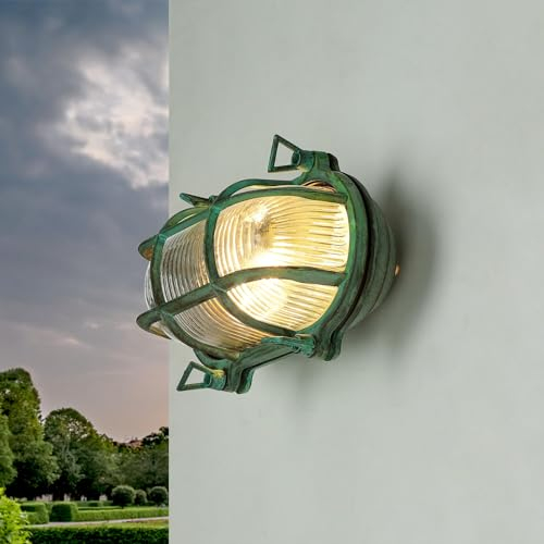 Licht-Erlebnisse Wandaußenleuchte Messing Glas Grün Antik IP64 Terrasse Garten T:10 cm E27 Riffel Maritime Schiffsleuchte Wandlampe Außen SKIATHOS