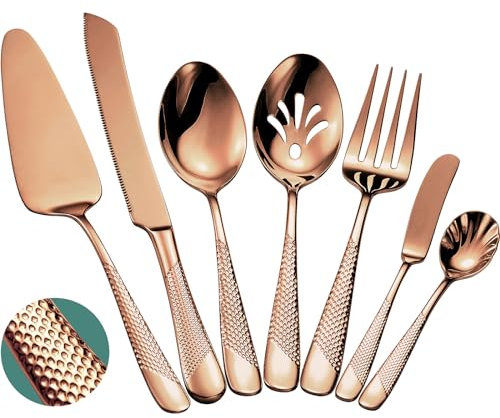 Xideman® Juego de cubiertos martillados de acero inoxidable 18/10, cuberteria para servir de 7 pieza, cuberterias completas de anfitriona con cuchillo para tartas y servidor de pasteles (Cobre)