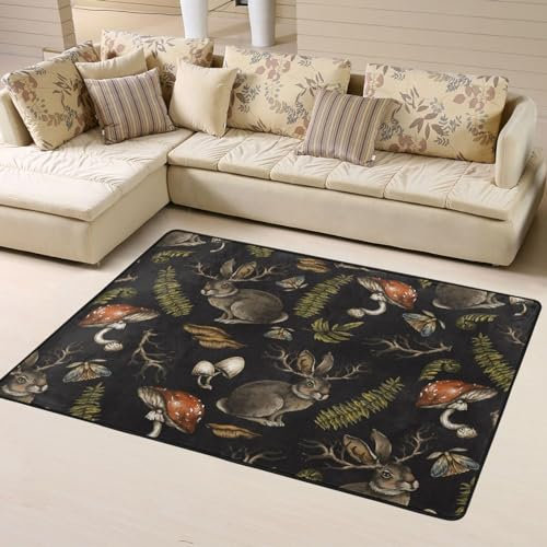 Gearsly Teppiche, Wohnzimmerteppich, 120 x 160 cm, Pilz, mystischer Hase, Farnmotten, Teppich, rutschfest, weich, leicht zu reinigen, waschbar, traditioneller Teppich für Schlafzimmer, Küche, Flur,