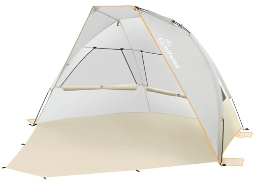 WolfWise Strandmuschel mit UV-Schutz 50+, 2-3 Personen Strandzelt, Sonnenschutz Windschutz mit erweiterbarem Boden Baby Sonnenzelt Automatik Mini-Packmaß für Familie Camping Garten Strand Beige