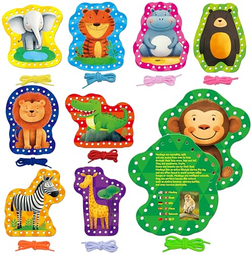 SpriteGru 9-teilige Kinder-Schnürkarten, 9 doppelseitige Nähschablonen mit 9 bunten Schnüren, pädagogische Lernspiele, Lernspielzeug zur Förderung der Vorstellungskraft für Vorschulkinder ab 3 Jahren
