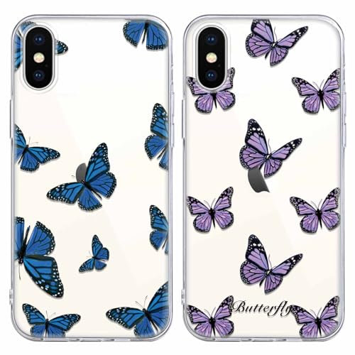 Yoedge 2 Pack Transparent Phone Case Compatible with iPhone X/XS 5.8, Ultrathin Soft Silicone TPU with Aesthetics Pattern, Shockproof Bumper Protector Matte Cover for iPhone X, butterfly