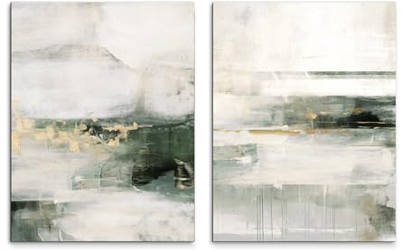 Leinwandbilder Set Mateo 2x 32x42 cm (AUFHÄNGFERTIG) - Abstrakte Kunst in Tannengrün, Weiß und Gold - Wohnzimmer- und Schlafzimmerdekoration - Hochformat