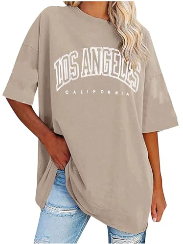 UHouse Damenmode Sale Damen Shirts Freizeit Grafik Blusen Retro Los Angeles Baumwolle Bluse Frauen Longshirt Lose Mode Motiv Tshirts Frau Rundhals Fashion Tunika Sale Damen Khaki S