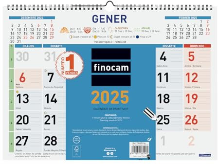 Finocam Wandkalender 2025, Monatsansicht, Januar 2025 – Dezember 2025 (12 Monate), Katalanisch