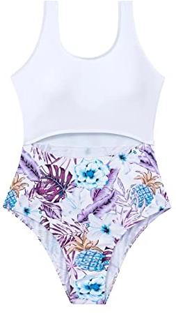 Badeanzug Mit Bein Triangel Bikini Damen Damen-Badeanzug, groß, sexy, einfarbig, bedruckt, modisch, mit , hoher Löffelausschnitt Top Mit Bh Integriert Badeanzug Mit Schwimmhilfe Tankini (White, S)