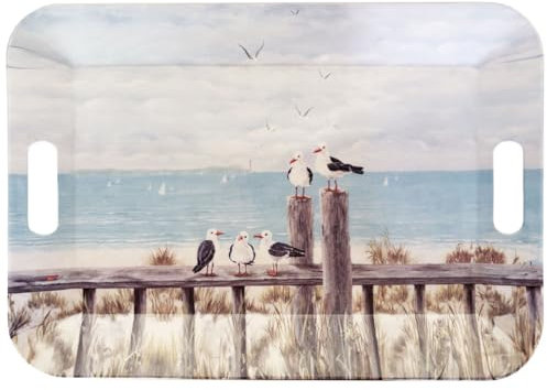 Ambiente Tablett Serviertablett Tray 47 x 33 cm Seagulls on The Dock Möven Strand Maritim Melamin Dekotablett Tablett mit Griffausschnitten