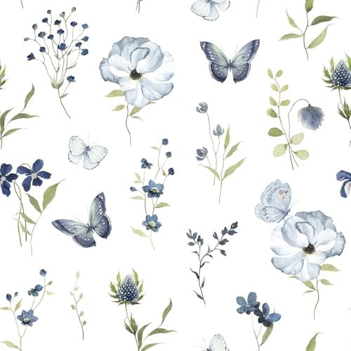 VEELIKE Blue Butterfly Floral Wallpaper Peel and Stick Wallpaper for Bedroom Bathroom 44.5 cm x 300 cm Vintage Blue Flower Wall Paper Roll Living Room Leaf Contact Paper for Walls Prepasted Remoavble