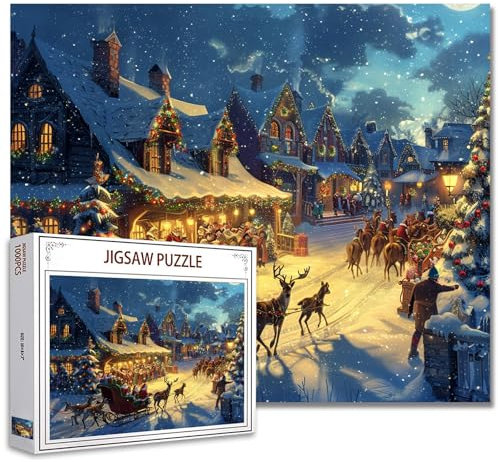 Tucocoo Weihnachtsschlitten-Szene 1000 Teile Puzzle für Erwachsene, Vintage Party Geschenke Puzzles Weihnachtsbaum Bauernhof Winter Szene Puzzles Kunst