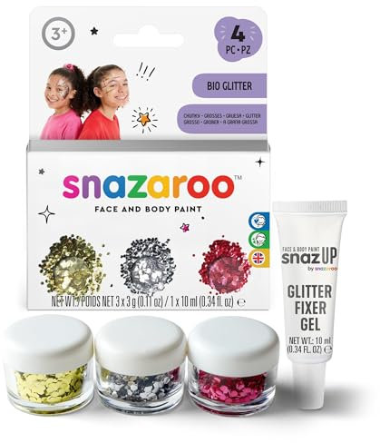 Snazaroo Bio Glitter, Purpurina Biodegradable Gruesa - Set 3 x Chunky + Gel Fijador