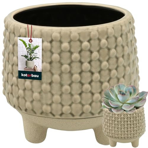 KOTARBAU® Blumentopf mit Füßen Creme Pflanzkübel Keramik Höhe 12 cm ⌀ 13 cm Blumentopf Gross draussen & drinnen Pflanzentopf Pflanzgefäße für Wohnzimmer Blumen Übertopf Blumentopf Pflanzgefäß Beige