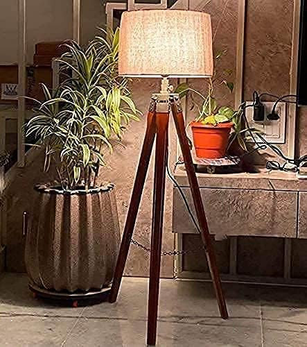 Wooden Tripod Floor Lamp for Living Room, Bedroom - Adjustable Modern Lamp with Brown Stand
