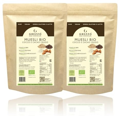 Pack da 2 di MUESLI BIO COCCO e CACAO CRUDO, 380g x 2 - Colazione vegetale e senza zuccheri aggiunti