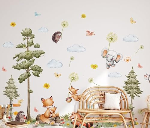 HEKOBAG 2PCS Pegatinas de Pared Animales del Bosque 90 * 30cm Grandes Vinilos Pared Infantil Árbol Oso Zorro Ciervo Adhesivos Pared Habitación Infantiles Niños Bebés