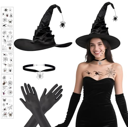 YIMOJOY 4er Hexenhut Damen mit Hexen Accessoires Set,Schwarzer Hexenhut mit Spinnenanhänger & Lange Handschuhe & Spinnen Tattoo & Gotisch Halskette,Halloween Kostüm Hexe Hut Frauen Zubehör Witch Hat