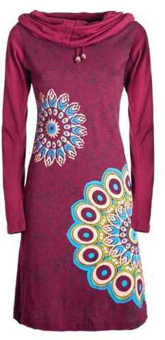 Vishes - Alternative Bekleidung - Damen Mandala-Kleid Langarm-Shirtkleid Schal-Kragen Baumwollkleid dunkelrot 42
