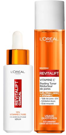 L'Oréal Paris Routine Eclat Serum Vitamin C, leuchtender Teint, 30 ml + Peeling-Toner, Porenreduzierer, Vitamin C – 180 ml