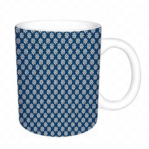 YFHJV Coffee Mug Funny Mug,Dutch Hand Drawn White Flowers on a Blue Background Classic Delft Patter,Tea Cup Cup Gift Birthday Work Office Christmas Printed Coffee Cup 11Oz Cups 330ml Large Coffee Mug