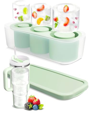 Ice Cube Tray for Tumbler Cup 30Oz-40Oz, 3 Pcs Silicone Cylinder Ice Mold with Lid and Bin for Freezer, Easy Fill and Release Ice Maker for Whiskey, Cocktail BPA-Free