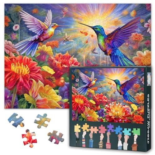 Hummingbirds Puzzles for Adults 1000 Pieces Birds with Blooming Flowers Challenging Puzzle Perfect for Game Nights Colorful Floral Jigsaw Puzzle as Gift House Decor 27.5X19.7
