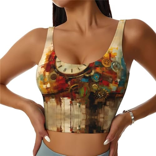 PHAYAH Sujetador deportivo con reloj mecánico para mujer, sin costuras, cómodo, en forma de U, almohadillas extraíbles, Negro -, Large