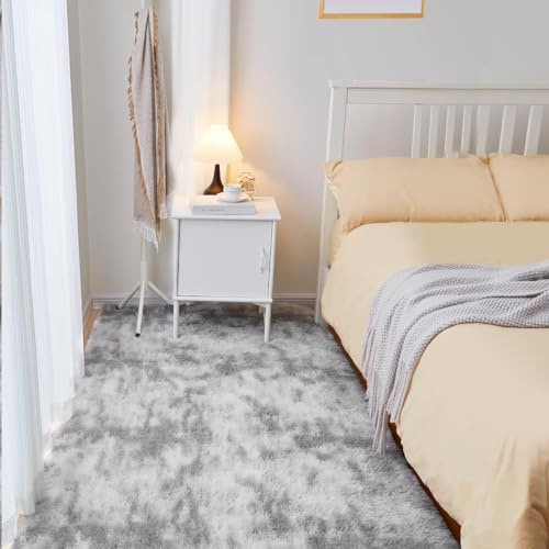Puremy Teppich Flur Läufer Flauschiger Hochflor, 80x150cm, Tie-Dye Hellgrau | Wohnzimmerteppich Shaggy Flur Modern Weich Teppiche für Bettvorleger Matte /Deko/Schlafzimmer/Kinderzimmer