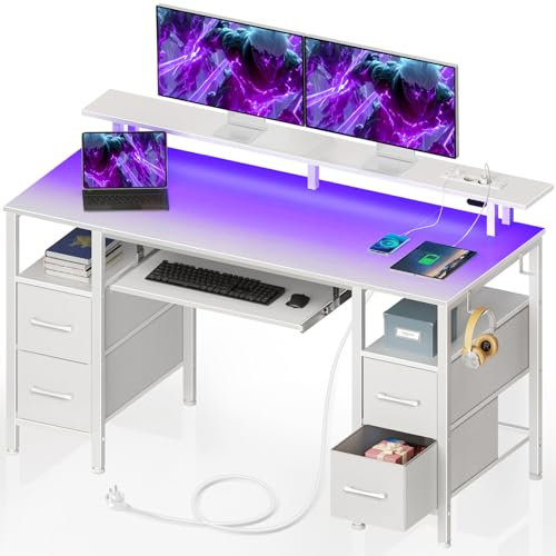 Seventable Bureau Gamer 120 cm avec Intégrée, LED RGB, 4 Tiroirs, Plateau Clavier Ergonomique et Support Écran Réglable, Multifonction Bureau PC avec Rangement, Blanc