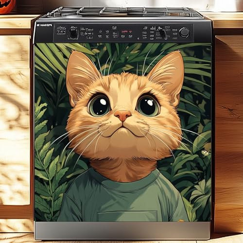 Cubierta magnética para lavavajillas, Cubierta magnética para refrigerador, calcomanía Decorativa Pegatinas para lavavajillas refrigerador Frontal, Gato en la Jungla de Hojas Verdes Anime