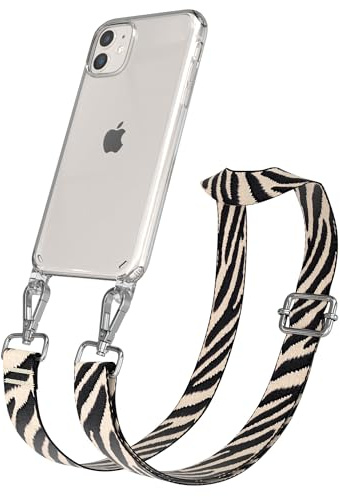 EAZY CASE Handykette - Verstellbares Taschenband kompatibel mit iPhone 11, Schulterriemen, Handykordel mit Silikon Hülle, Umhängetasche, Zebra - Schwarz Beige Silber