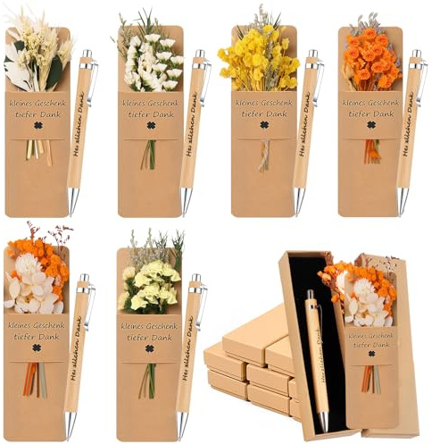 6 Set di Penne a Sfera in Legno Con Set Bouquet di Fiori Secchi Segnalibri Confezione Regalo, Penne Motivazionali per Grazie per il Regalo, Gadget Laurea Adatto a Studenti, Insegnanti, Collega