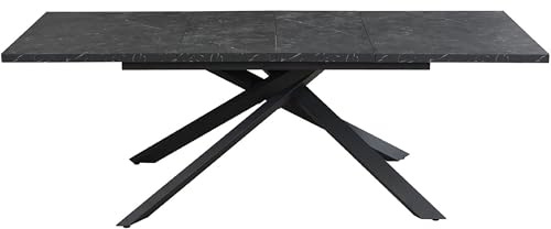 DUBI Möbel MALTE Esstisch ausziehbar 140–180–220 × 90 × 76 cm, Marmor-Optik schwarz, Metall X-Gestell, modern & pflegeleicht, 6–10 Personen