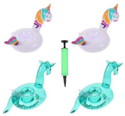BESTOMZ Portavasos Flotantes Inflables de PVC 5 Piezas con Diseño Unicornio y Arcoíris, Incluye Inflador, Soporte para Bebidas en Piscinas y Fiestas al Aire Libre Reutilizable