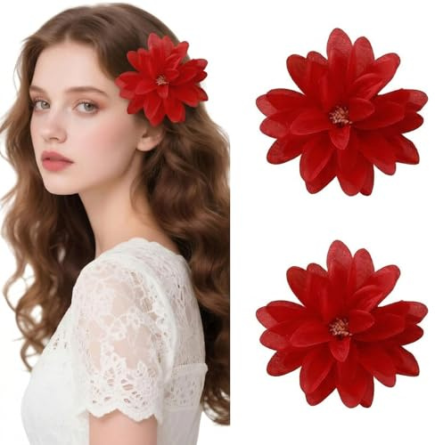 RVYEIOP Pack de 2 Flores para el Pelo Rojo, Horquillas Pelo Mujer para Flamenca, Feria de Abril y Boda, Accesorios Pelo Niña para Comunión y Fiesta, Pinzas de Flor Artificial Elegantes