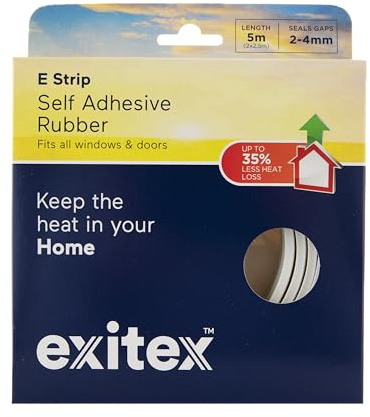 Exitex E Strip 5m Self-Adhesive Rubber Door & Window Draught Seal (White) | For 2–4mm gaps around doors and windows; flexible white E-profile rubber with self-adhesive backing. Trims to fit.