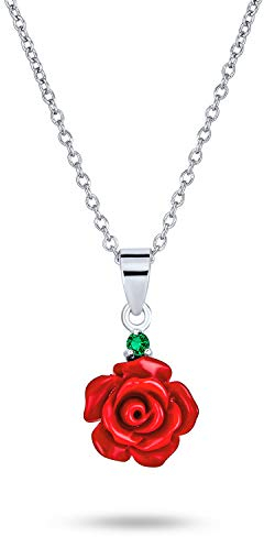 Bling Jewelry Collier Pendentif Romantique Délicat Fleur Épanouie 3D Rose Rouge avec Accent Vert CZ Pour Femmes Pour Adolescente en Argent Sterling .925
