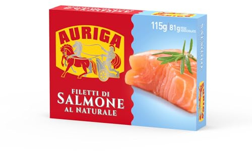 Auriga Filetti di Salmone al Naturale 115gr Cotti a Vapore. Senza Conservanti. Pronti da gustare.