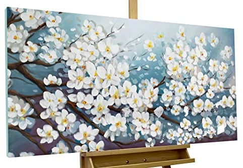 KunstLoft Leinwandbild | 100% HANDGEMALT | 140x70cm | Gemälde 'Glamour in White' | Blüten | Blau Weiß | Wandbild Wohnzimmer