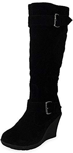 LoudLook Women’s Mid Calf Wedge Boots with Buckle and Side Zip, Lightweight Non-Slip Rubber Sole, Faux Suede Casual Work Boots for Daily Wear, Indoor Outdoor BLACK 5 Size