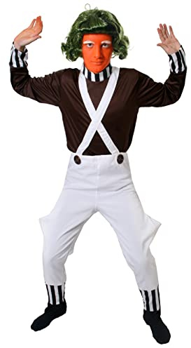Mens Chocolate Factory Worker Costume -Brown Top and White Dungarees - Adults Book Week World Book Day Fancy Dress Costume