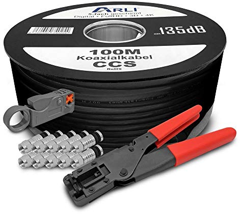 HD Sat Kabel 100 m Koaxialkabel 135 dB Koaxial 5-Fach geschirmt inkl. Kompressionszange Kabelmesser 20 x F Kompressionsstecker Satkabel TV Antennenkabel Koax 4K ARLI schwarz