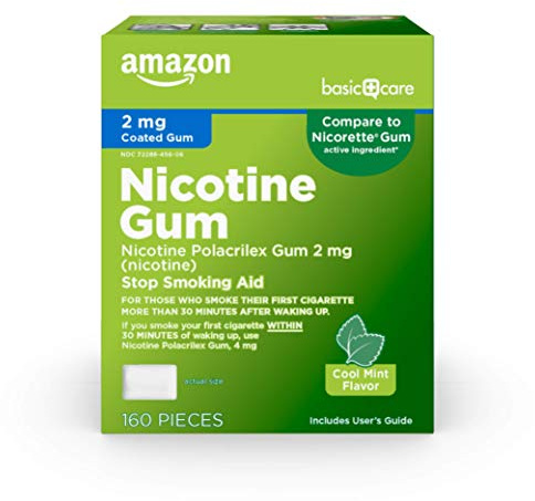 Amazon Basic Care Coated Nicotine Polacrilex Gum 2 mg, Cool Mint Flavor, Stop Smoking Aid, Reduces Withdrawal Symptoms, 160 Count