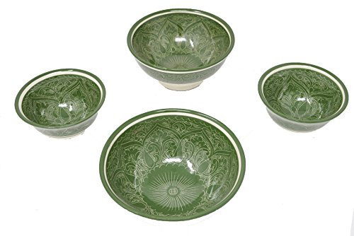 Assortiment de 4 Bols en Céramique Verte Rishtan - Diamètre 15,5 cm et 11,5 cm - Peints à la Main - Ouzbékistan