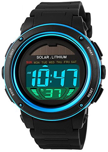 Unisex Solare Digital Orologio Moda LED Outdoor 50M Impermeabile Sport Orologi da Polso Multifunzionale Elettronica Plastica Lunetta e Gomma Band Orologio da Uomo Donna Sveglia Calendario (Blu)