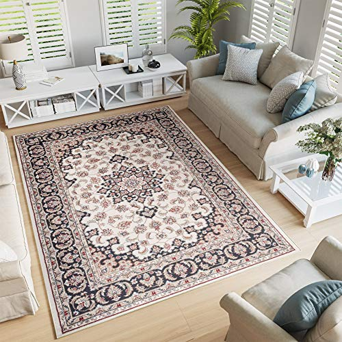 TAPISO Colorado Teppich Wohnzimmer Klassisch Kurzflor Creme Beige Bunt Floral Medaillon Ornament Muster Traditionell Orientteppich ÖKOTEX 120 x 170 cm